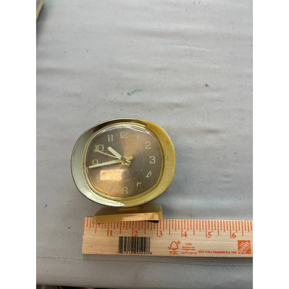 Vintage Mid Century Modern Oval Alarm Clock Gold Cream Pedestal Wind Up Retro